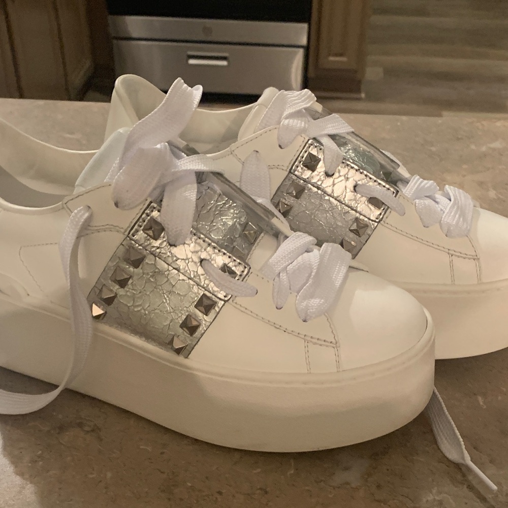 Valentino Garavani White and Silver Studded Sneakers
